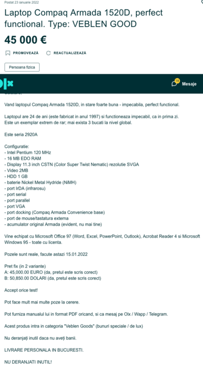 Screenshot 2022-01-25 at 13-21-58 Laptop Compaq Armada 1520D, perfect functional Type VEBLEN GOOD Bucuresti Sectorul 6 • OL[...].png